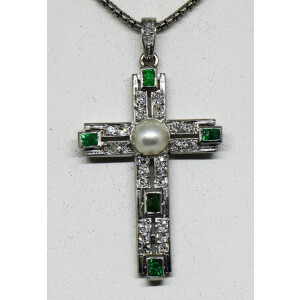 Cruz Art Deco Platino 950 Brillantes Esmeraldas Perla