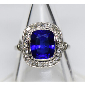Anillo Art Deco Platino Zafiro Central Y Brillantes Frances