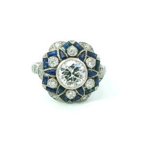 Anillo Roseta Frances Platino 950 Brillantes Y Zafiros