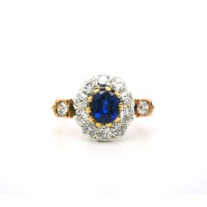 Anillo Roseta Antigua Oro 18k Brillantes Zafiro