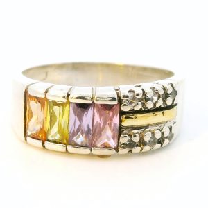 Anillo Moderno Plata 925 Oro 18k Baguettes Multicolor