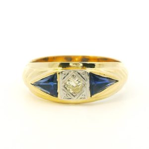 Anillo Unisex Banderita Oro 18k-platino Zafiros Brillante