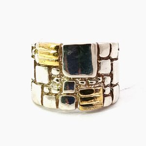 Anillo Moderno Diseño Ancho Plata 925 Y Oro 18k Cuadricula