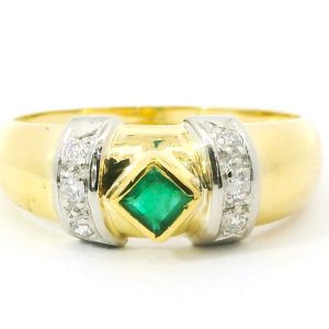 Anillo Moderno Oro 18k Esmeralda Carre Y Brillantes