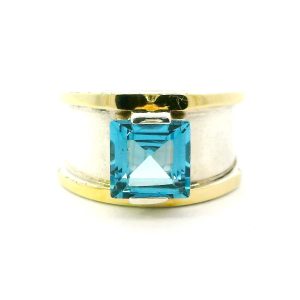 Anillo Solitario Moderno Plata 925 Y Oro 18k Topacio Azul