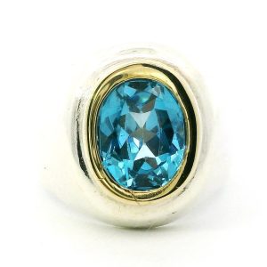 Anillo Solitario Oval Plata 925 Y Oro 18k Topacio Azul