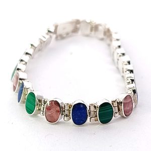 Pulsera Mexicana Plata Malaquita,lapiz Lazuli Y Quarzo Rosa