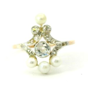 Anillo Antiguo Art Novea Oro 18k Perlas Y Brillantes