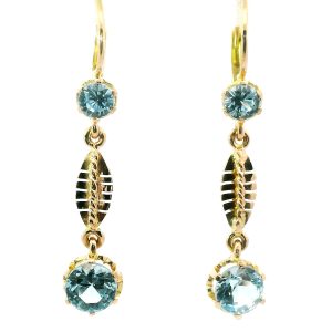 Par De Aros Antiguos Pendinetes Oro 18k Topacio Azul