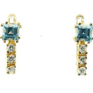 Par De Aros Pendientes Oro 18k Topacio Azul Y Cubic