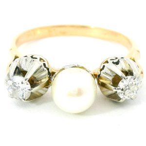 Anillo Tricillo Antiguo Oro 18k Platino Perla Y Brillantes