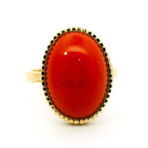 Gran Anillo Moderno Oro 18k Coral Rojo Oval Cabullon