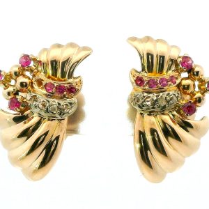 Par De Aros Año 40 Oro 18k Rubies Brillantes