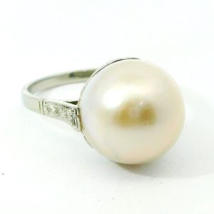 Anillo Antiguo Oro 18k Blanco Media Perla Gris Brillantes