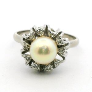 Anillo Roseta Antigua Oro Blanco 18k Perla Brillantes
