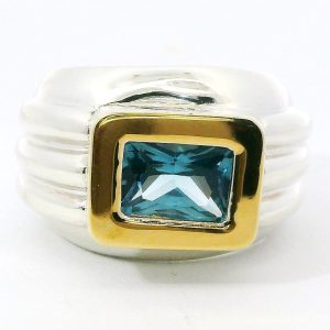 Anillo Solitario Moderno Plata 925 Y Oro Topacio Azul