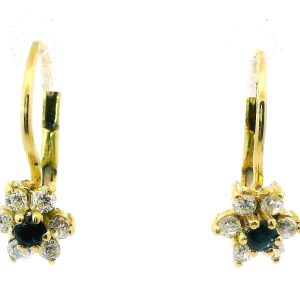 Par De Aros Flores Pendientes Oro 18k Zafiro Y Cubics