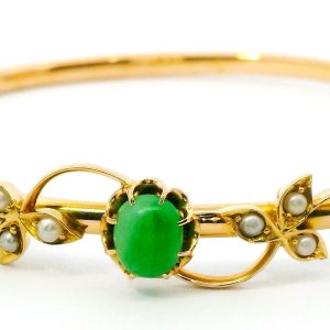 Brazalete Antiguo Oro 18k Micro Perlas Y Jade