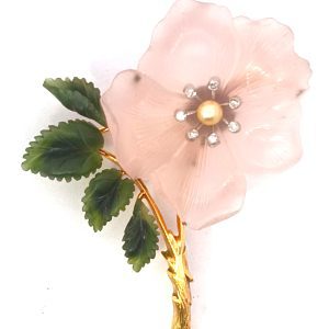 Broche Flor Cuarzo Rosa Oro 18k Brillantes Italiano