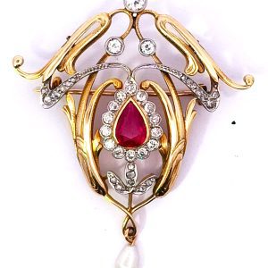 Pendant Art Noveau Frances Oro 18k Brillantes Rubie