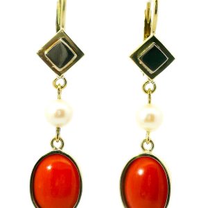 Par De Aros Pendientes Oro 18k Coral Rojo Y Perla