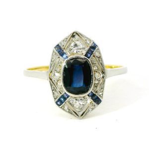 Anillo Art Deco Frances Platino Oro 18k Zafiros Brillantes